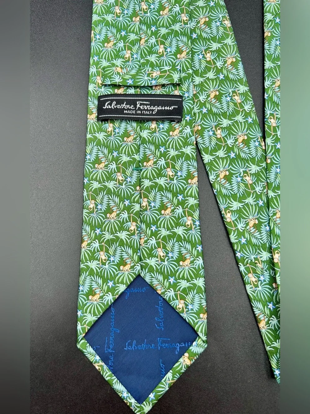 SALVATORE FERRAGAMO Silk Neck Tie - Tropical Jungle Leaf and Monkey motif.